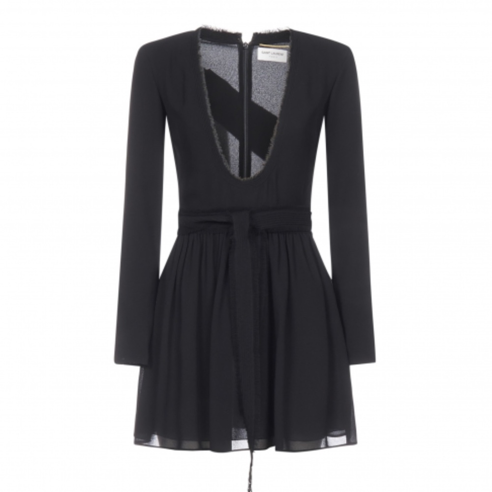 Saint Laurent Women's Black Plunging Neckline Long Sleeve Mini Dress